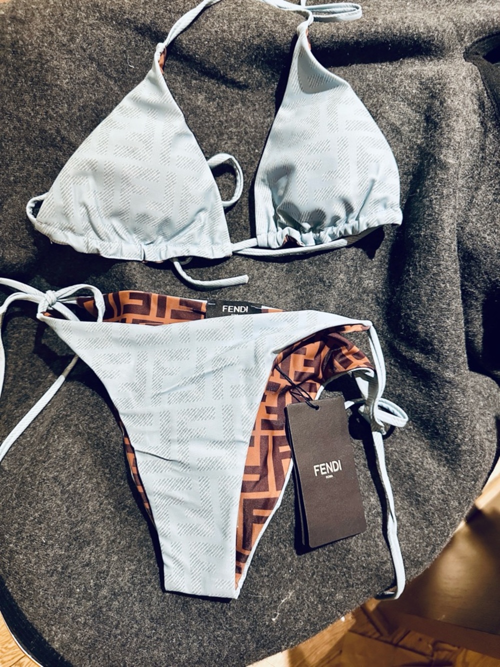 Authetic NWT Fendi Reversible Triangle Bikini — Light Blue & Brown Monogram